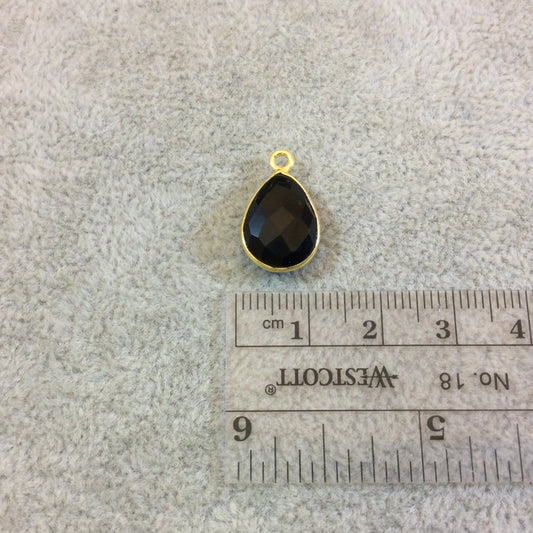 Gold Plated Faceted Hydro (Lab Created) Jet Black Onyx Pear/Teardrop Shaped Bezel Pendant - Measuring 10mm x 15mm - Sold Individually