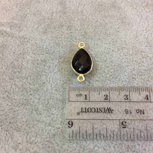 Gold Plated Faceted Hydro (Lab Created) Jet Black Onyx Heart/Teardrop Shaped Bezel Connector - Measuring 10mm x 15mm - Sold Individually