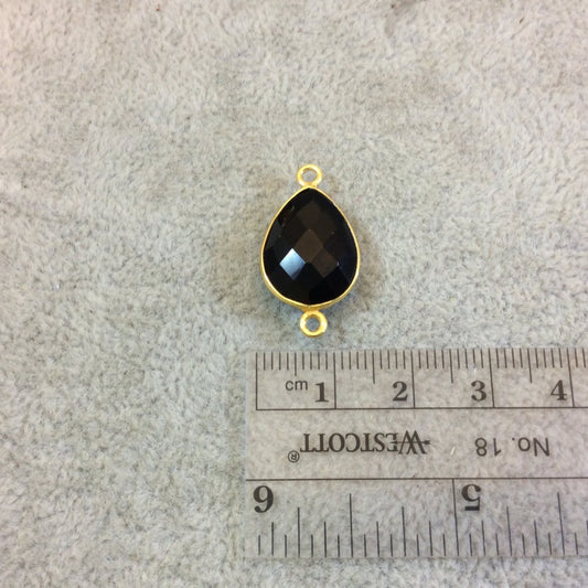 Gold Plated Faceted Hydro (Lab Created) Jet Black Onyx Heart/Teardrop Shaped Bezel Connector - Measuring 12mm x 16mm - Sold Individually