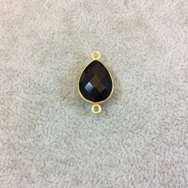 Gold Plated Faceted Hydro (Lab Created) Jet Black Onyx Heart/Teardrop Shaped Bezel Connector - Measuring 12mm x 16mm - Sold Individually