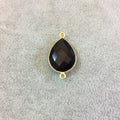Hydro Jet Black Onyx Bezel | Gold Plated Faceted (Lab Created) Heart Teardrop Shaped Bezel Connector - Measuring 15mm x 20mm