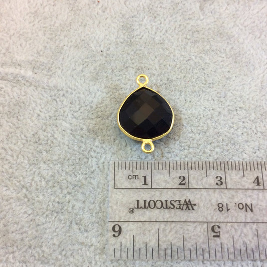 Gold Plated Faceted Hydro (Lab Created) Jet Black Onyx Heart/Teardrop Shaped Bezel Connector - Measuring 15mm x 15mm - Sold Individually