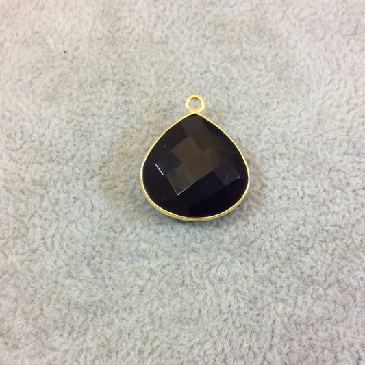 Gold Plated Faceted Hydro (Lab Created) Jet Black Onyx Heart/Teardrop Shaped Bezel Pendant - Measuring 18mm x 18mm - Sold Individually