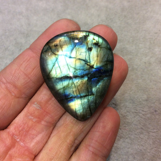 SPECIAL BATCH - AAA Pear/Teardrop Shaped Rainbow Labradorite Domed Back Cabochon - Measuring 34mm x 42mm, 8mm Dome Height - Gemstone Cab