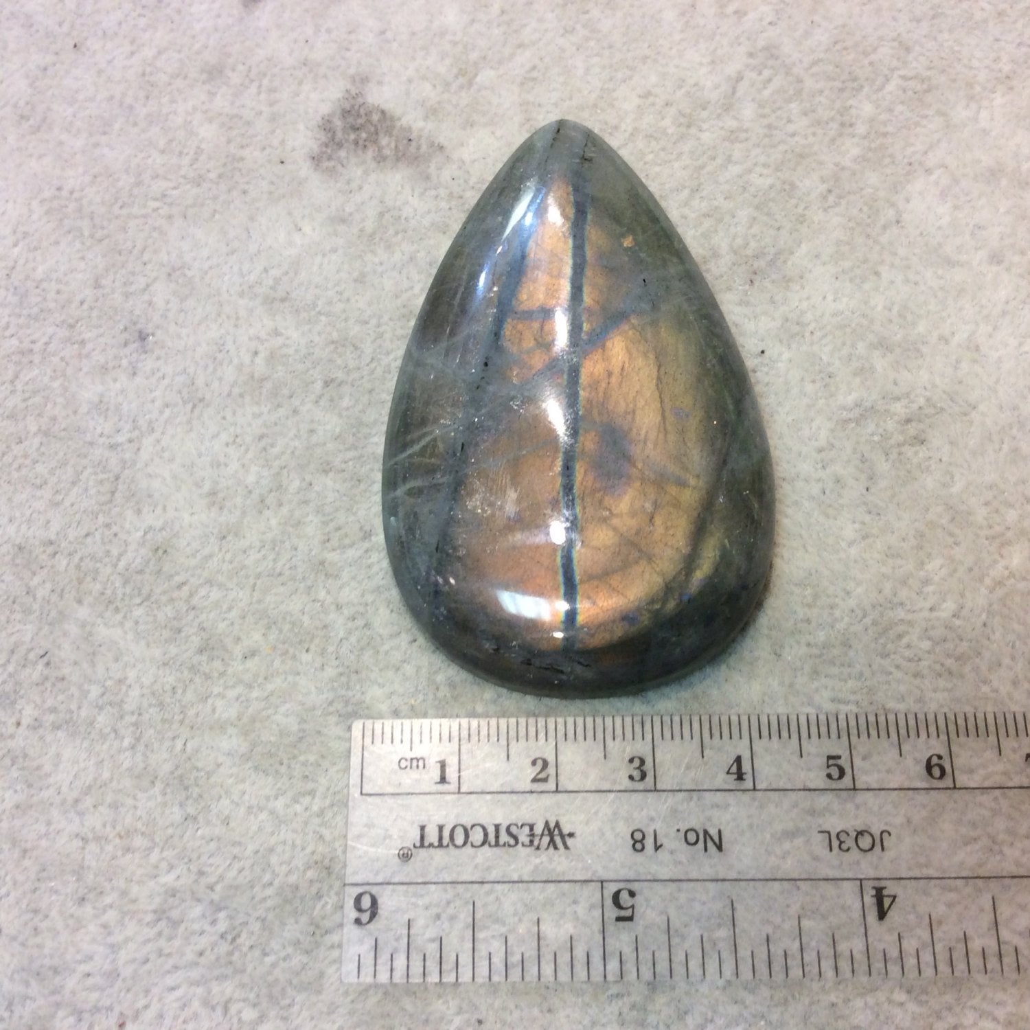 SPECIAL BATCH - AAA Pear/Teardrop Shaped Peach/Blue Labradorite Flat Back Cabochon - Measuring 43mm x 72mm, 10mm Dome Height - Gemstone Cab