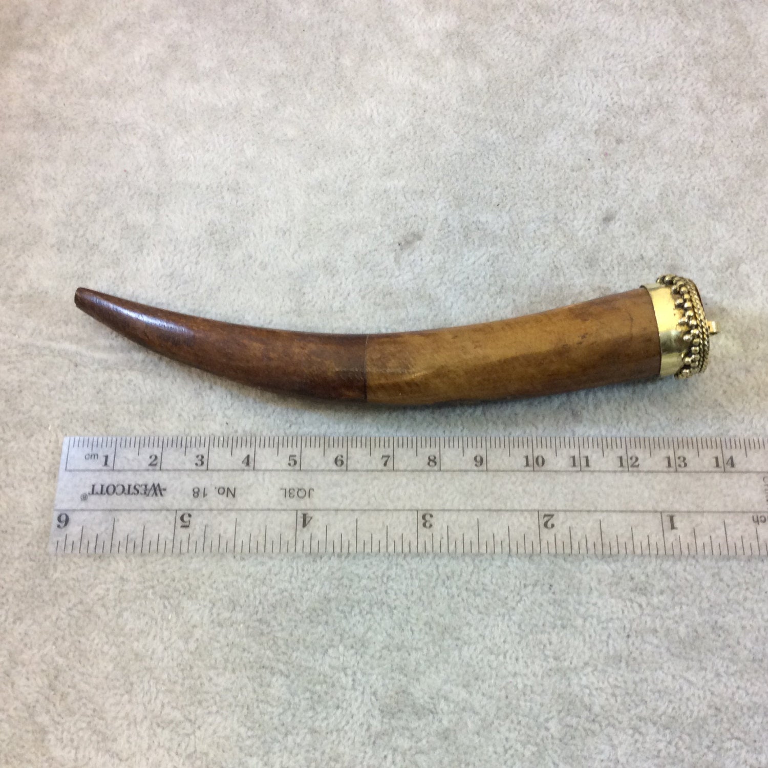 SALE - 5.5" Extra Long Warm Brown Round Tusk/Claw Shaped Natural Ox Bone Pendant with Dotted Gold Cap - Measuring 20mm x 140mm