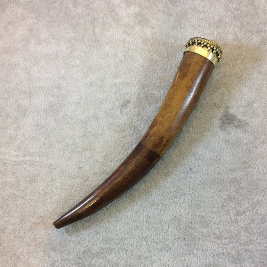 SALE - 5.5" Extra Long Warm Brown Round Tusk/Claw Shaped Natural Ox Bone Pendant with Dotted Gold Cap - Measuring 20mm x 140mm