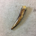 3.25" Long Warm Brown Round Ox Bone Tusk/Claw Shaped Pendant with Floral Patterned Gold Cap - Measuring 15mm x 82mm (TR043-WB)