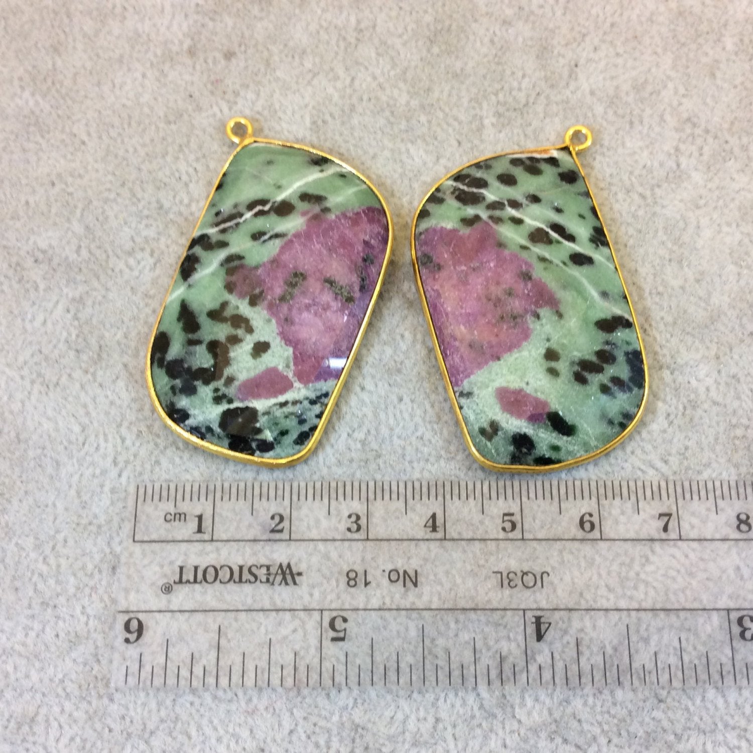 One Pair of OOAK Gold Finish Faceted Ruby In Fuchsite Freeform Shaped Bezel Pendant "RP2" - Measuring 27mm x 48mm - Natural Gemstone