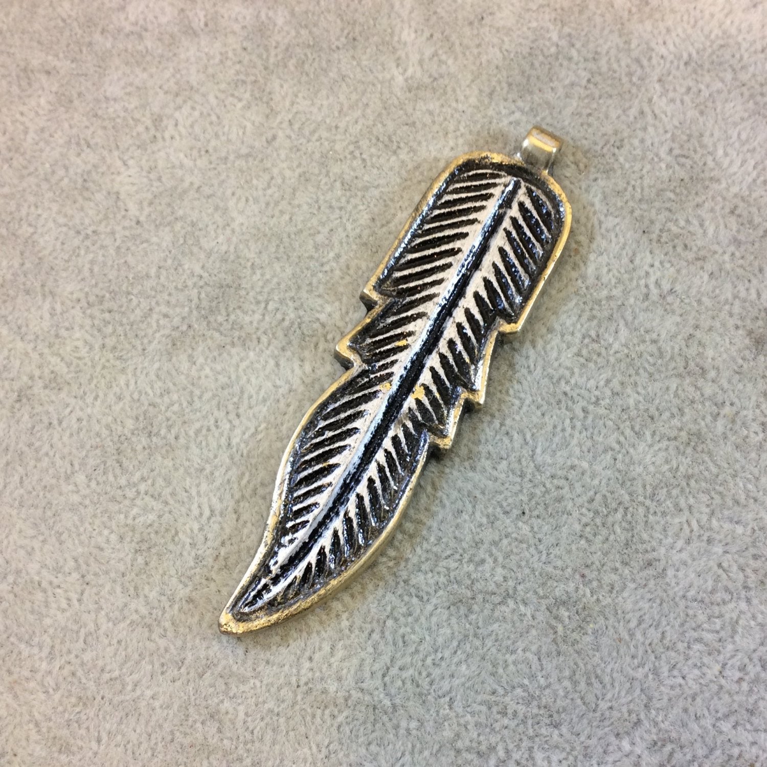 3.25" Heavy Gold/Silver Plated Raw Brass Textured/Detailed Feather Shaped Charm/Pendant - Measuring 22mm x 84mm, Approx. - Sold Individually