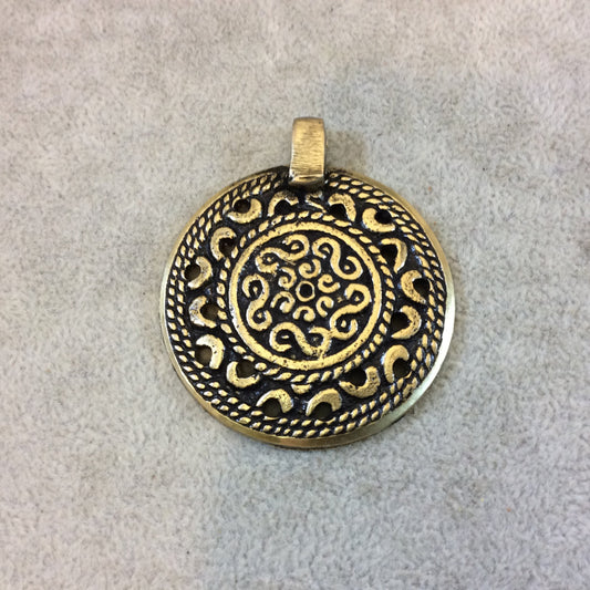 2" Gold Plated Patterned/Textured Large Circle/Medallion Shaped Brass Focal Pendant - Measuring 49mm x 49mm, Approx. - Sold Individually