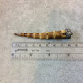 3" Spiral Striped Brown Ox Bone Skinny Tusk Pendant with Pave Cubic Zirconia Encrusted Cap - Measuring 12mm x 80mm - Sold Individually