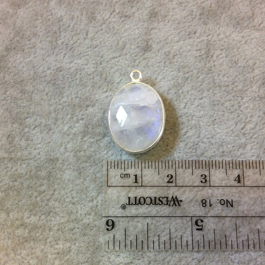 Sterling Silver Faceted Oblong Oval Shaped Moonstone Bezel Pendant Component - Measuring 16mm x 21mm - Natural Semi-Precious Gemstone