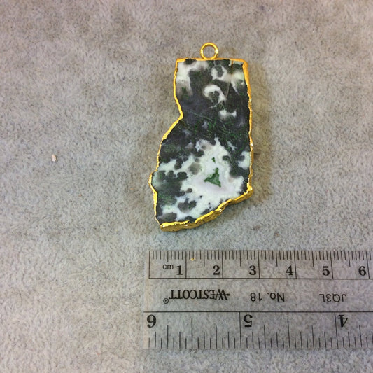 OOAK Gold Electroplated Natural Raw/Rough Green Moss Agate Freeform Shaped Slab/Slice Focal Pendant - Measuring 29mm x 53mm, Approximately