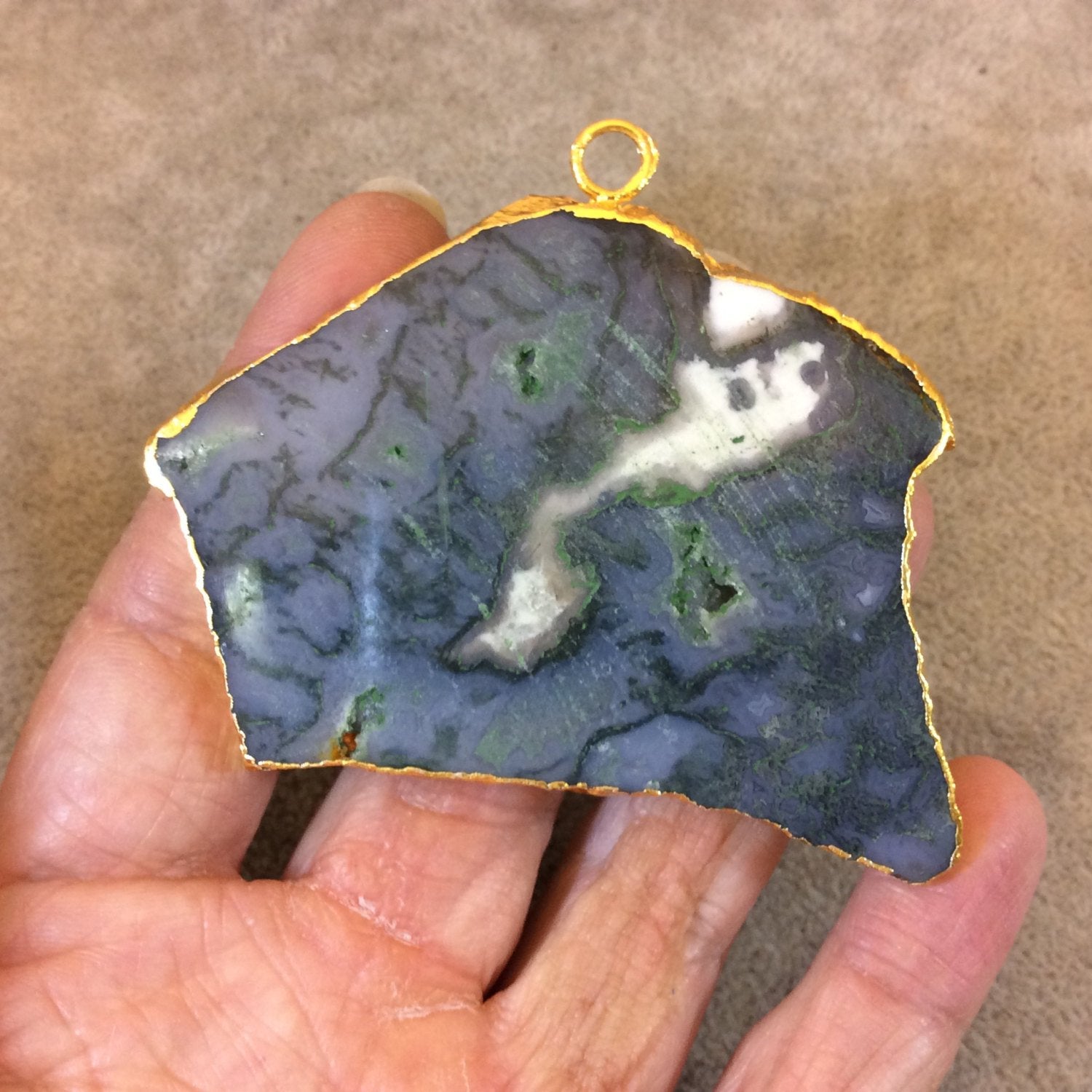OOAK Gold Electroplated Natural Raw/Rough Green Moss Agate Freeform Shaped Slab/Slice Focal Pendant - Measuring 75mm x 58mm, Approximately