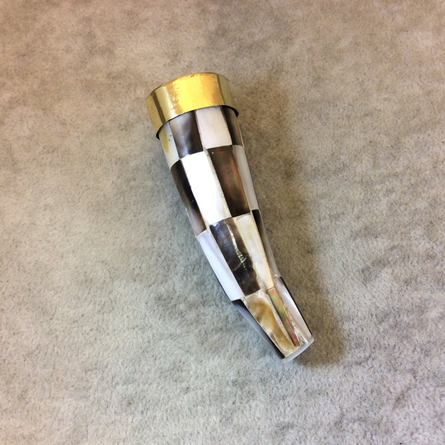 SALE - 3" Iridescent Checkerboard Flat Point Round Tusk/Claw Shaped Natural Abalone Pendant with Gold Cap - 23mm x 80mm