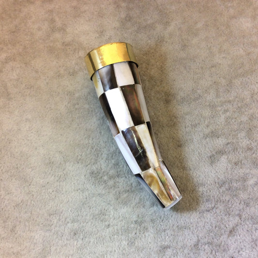 SALE - 3" Iridescent Checkerboard Flat Point Round Tusk/Claw Shaped Natural Abalone Pendant with Gold Cap - 23mm x 80mm