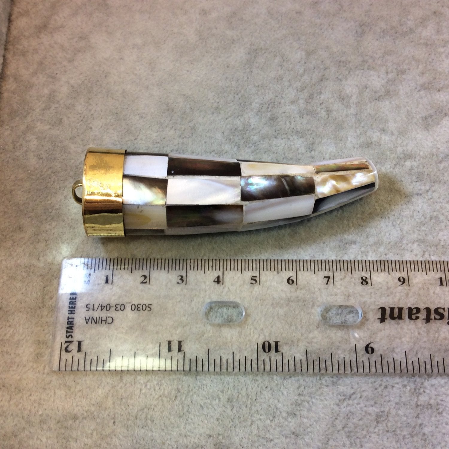 SALE - 3" Iridescent Checkerboard Flat Point Round Tusk/Claw Shaped Natural Abalone Pendant with Gold Cap - 23mm x 80mm