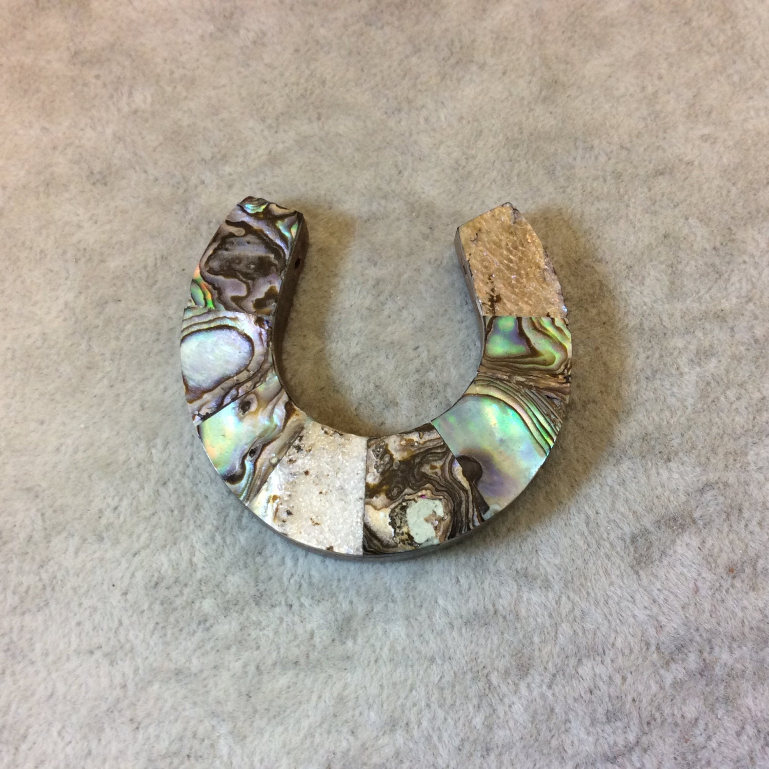 1.75" Iridescent Rainbow Horseshoe Shaped Wooden Pendant with Abalone Shell Overlay - Measuring 45mm x 46mm, 8mm Thick - (TR175RBHAB)