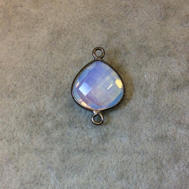 Milky Opalite Bezel | Gunmetal Plated Faceted (Manmade Glass) Heart Teardrop Shaped Bezel Connector - Measuring 15mm x 15mm