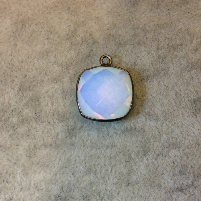 Gunmetal Plated Faceted White Opalite (Manmade Glass) Square Shaped Bezel Pendant - Measuring 15mm x 15mm - Sold Individually