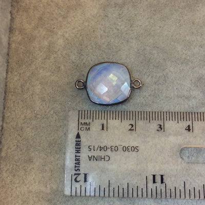 Gunmetal Plated Faceted White Opalite (Manmade Glass) Square Shaped Bezel Connector - Measuring 15mm x 15mm - Sold Individually
