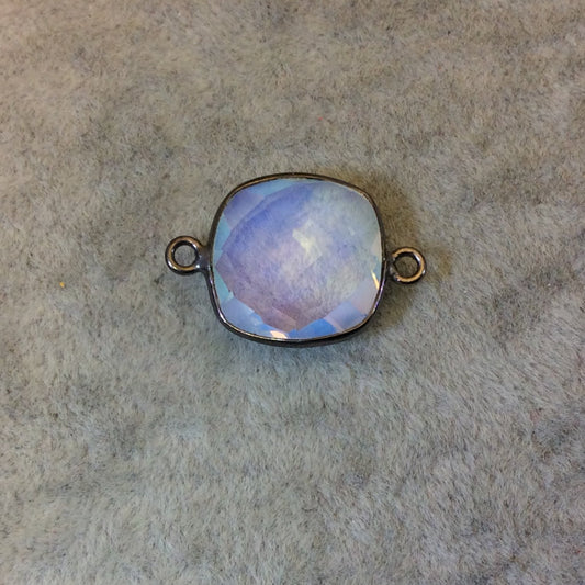 Gunmetal Plated Faceted White Opalite (Manmade Glass) Square Shaped Bezel Connector - Measuring 15mm x 15mm - Sold Individually