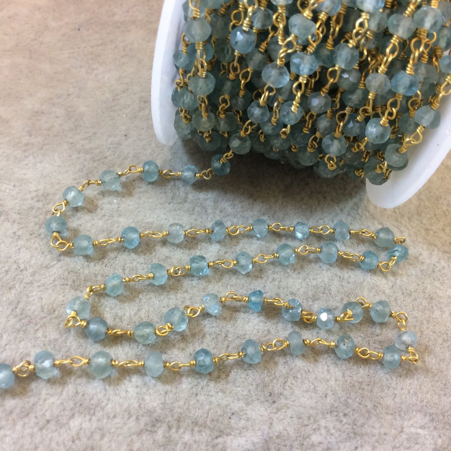 Gold Plated Copper Rosary Chain with 3-4mm Faceted Rondelle Shaped Apatite Beads (CH125-GD) - Sold by the Foot! - Natural Beaded Chain