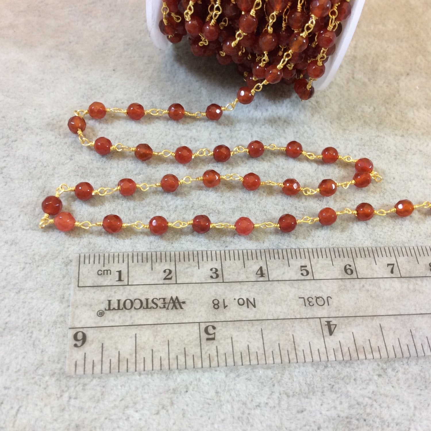 Gold Plated Copper Rosary Chain with 4mm Faceted Round Shaped Red Agate Beads (CH215-GD) - Sold by the Foot! - Natural Beaded Chain