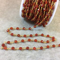 Gold Plated Copper Rosary Chain with 4mm Faceted Round Shaped Red Agate Beads (CH215-GD) - Sold by the Foot! - Natural Beaded Chain