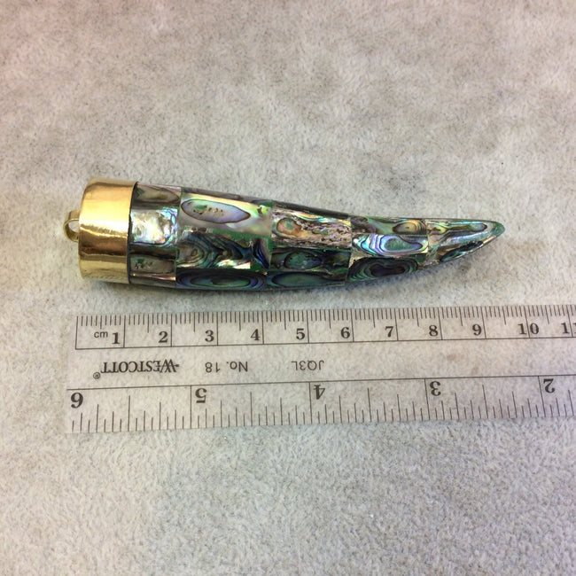 3.25" Iridescent Rainbow Pointed Round Tusk/Claw Shaped Natural Abalone Pendant with Gold Cap - Measuring 20mm x 86mm - (TR037-RA)