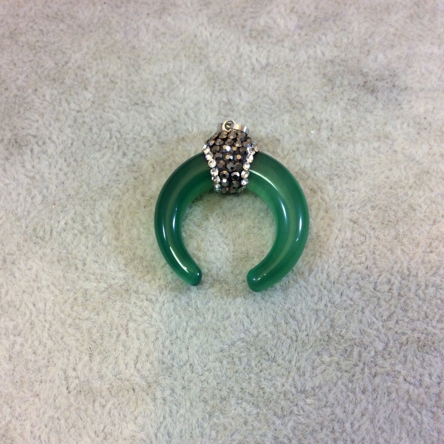 Pave Rhinestone Encrusted Green (Jade) Crescent Pendant with Gray Rhinestones and Attached Bail - Measuring 27mm x 28mm, Approx.