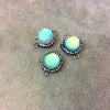 Pave Rhinestone Encrusted Round Synthetic Aqua Moonstone Connector with Gray Rhinestones and Two Rings - Measuring 15mm in dia., Approx.