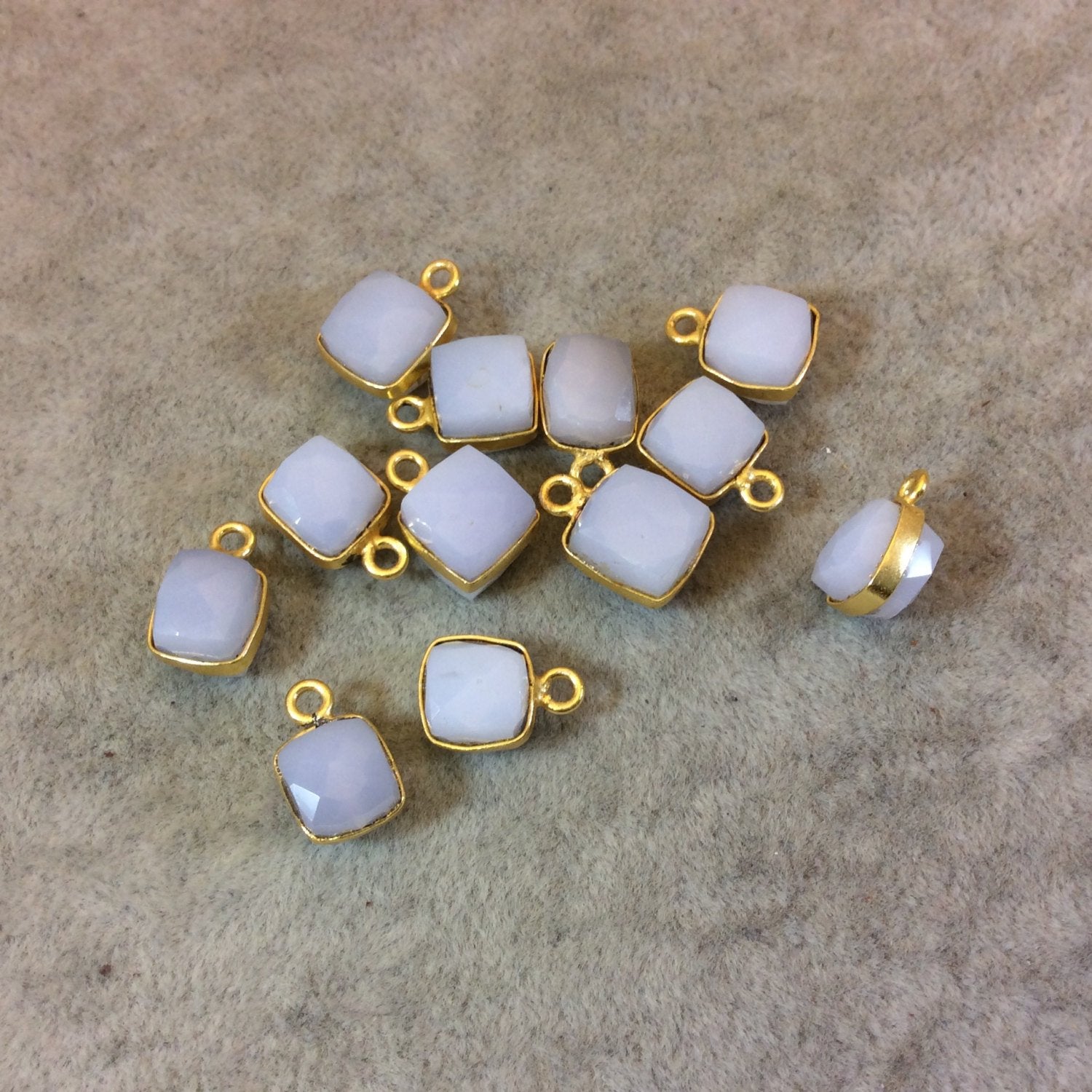 Gold Finish Faceted Chalcedony Cube/Square Shaped Plated Copper Bezel Charm/Drop - Measuring 7-8mm - Natural Gemstone - Sold Individually