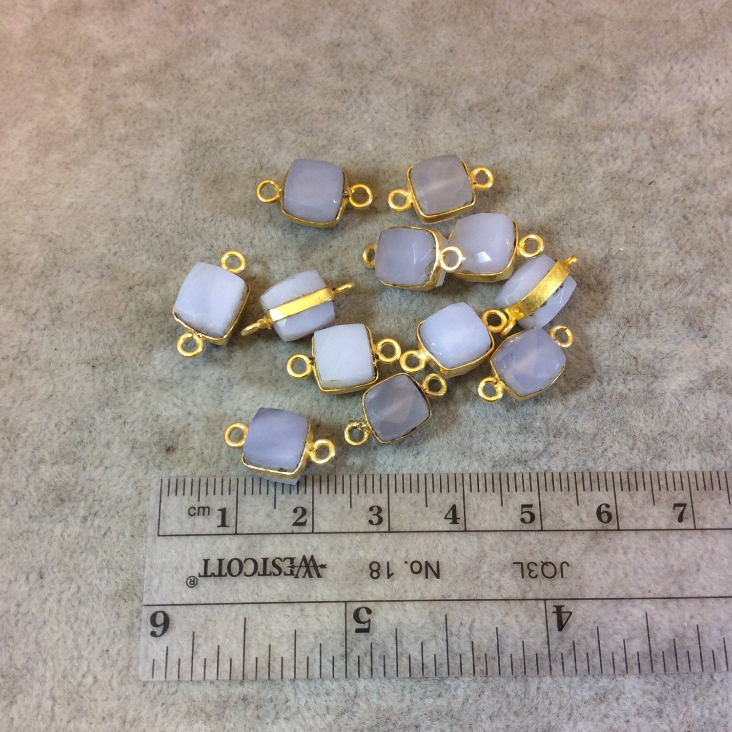 Gold Finish Faceted Chalcedony Cube/Square Shaped Plated Copper Bezel Connector - Measuring 7-8mm - Natural Gemstone - Sold Individually