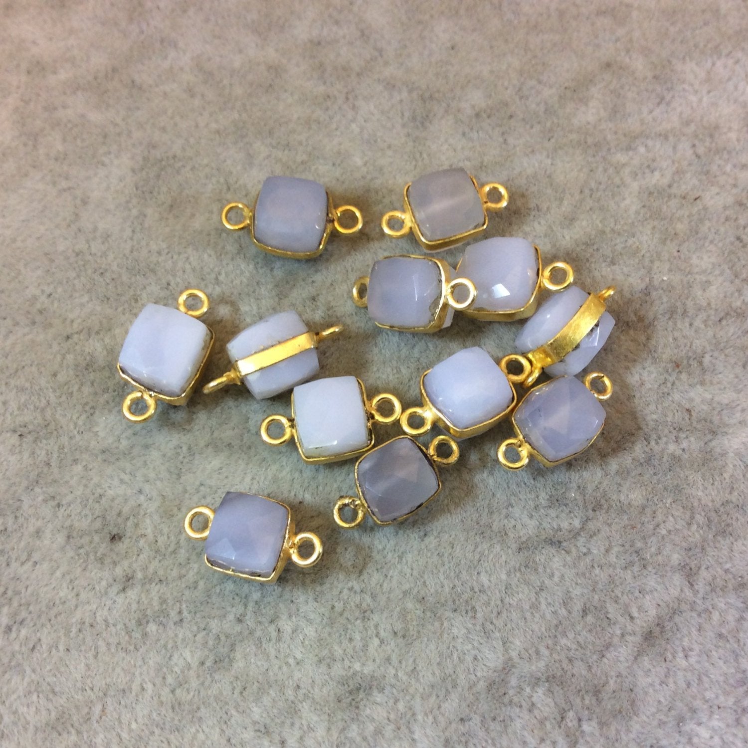 Gold Finish Faceted Chalcedony Cube/Square Shaped Plated Copper Bezel Connector - Measuring 7-8mm - Natural Gemstone - Sold Individually