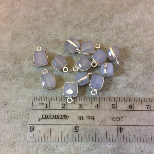 Silver Finish Faceted Chalcedony Cube/Square Shaped Plated Copper Bezel Charm/Drop - Measuring 7-8mm - Natural Gemstone - Sold Individually