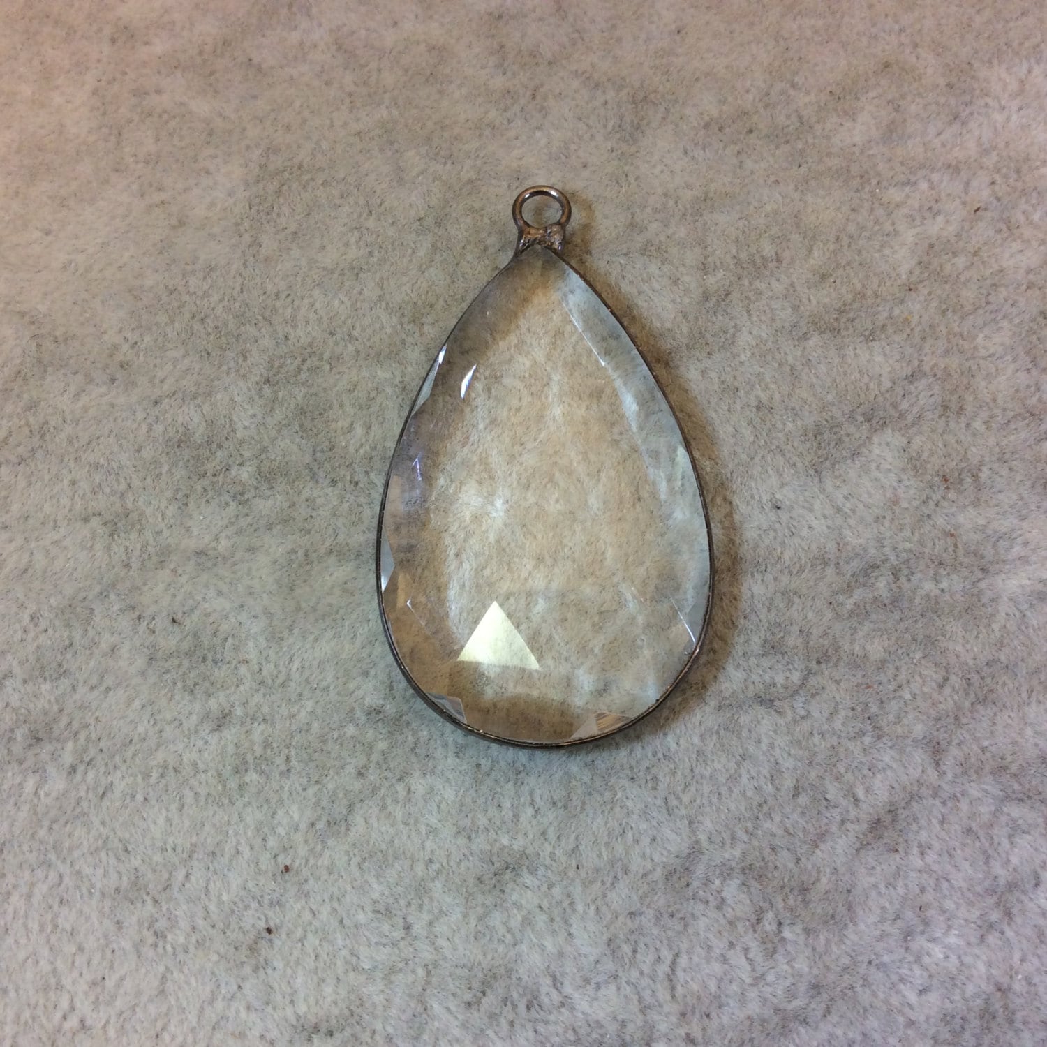 Gunmetal Plated Faceted Clear Hydro (Lab Created) Quartz Pear/Teardrop Shaped Bezel Pendant - Measuring 28mm x 45mm - Sold Individually