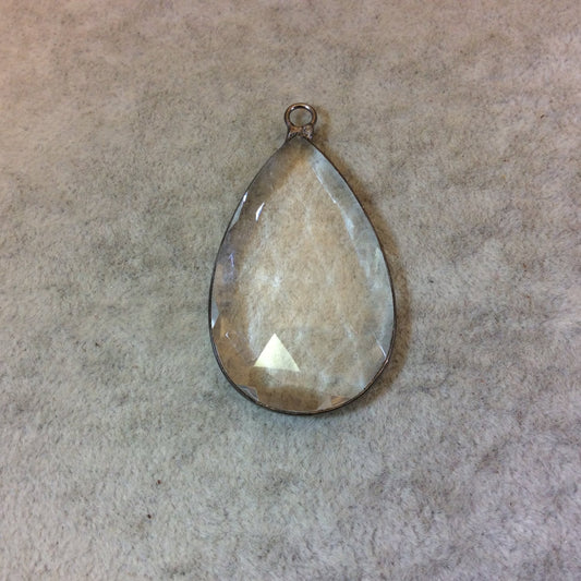 Gunmetal Plated Faceted Clear Hydro (Lab Created) Quartz Pear/Teardrop Shaped Bezel Pendant - Measuring 28mm x 45mm - Sold Individually