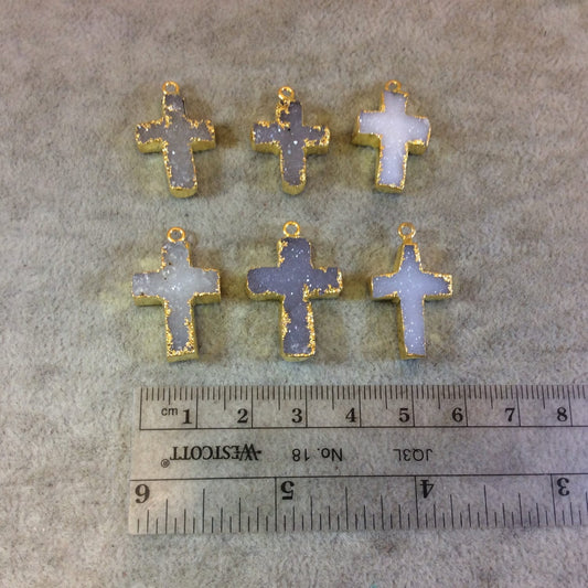 Premium Gold Electroplated Cross Shaped Natural Druzy Pendant - Measuring 15mm x 20mm, Approx. - Sold Individually, Randomly Chosen