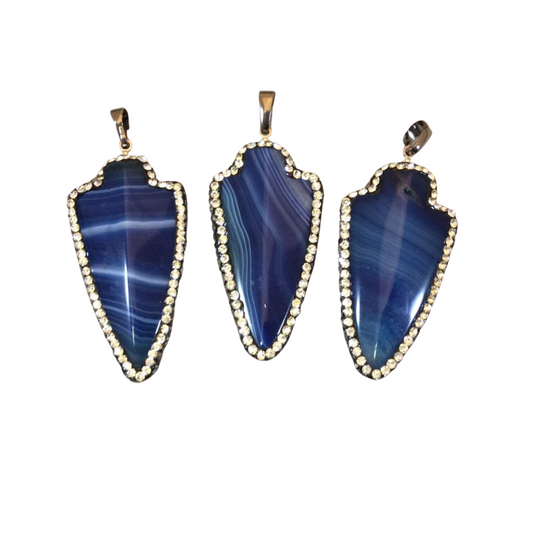 1.75" Pave Rhinestone Encrusted Arrowhead/Arrow Shaped Natural Blue Agate Focal Pendant with Attached Bail - Measuring 24mm x 48mm, Approx.