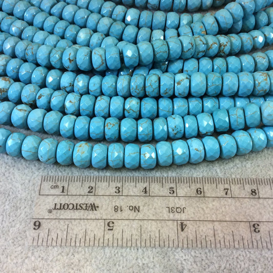 6mm x 10mm Faceted Synthetic Turquoise Rondelle Shaped Beads with 1mm Holes - 16" Strand (Approx. 66 Beads) - Synthetic Faux Gemstone