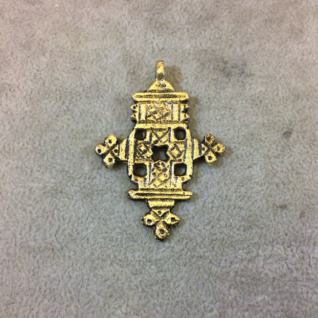 2" Oxidized Gold Ethiopian Cross Shaped (Style A) Plated Brass Pendant with Horizontal Bail - Measuring 37mm x 48mm - Sold Individually