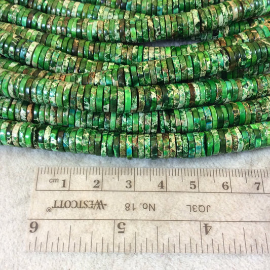 2mm x 8mm Smooth Green Sea Sediment Jasper Heishi/Disc Shaped Beads - 16.25" Strand (Approximately 213 Beads) - Natural Aqua Terra Stone