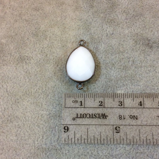 Gunmetal Plated Faceted White Hydro (Lab Created) Chalcedony Pear/Teardrop Shape Bezel Connector - Measuring 15mm x 20mm - Sold Individually