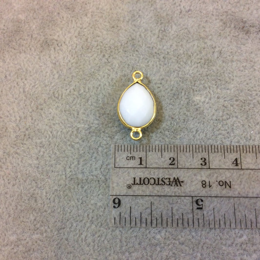 Gold Plated Faceted White Hydro (Lab Created) Chalcedony Pear/Teardrop Shaped Bezel Connector - Measuring 12mm x 16mm - Sold Individually