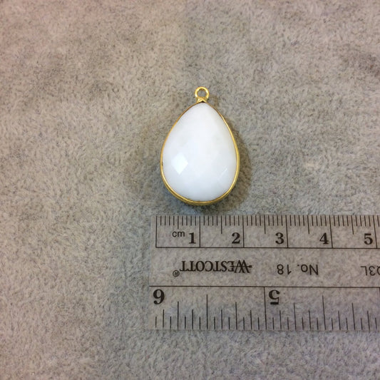 Gold Plated Faceted White Hydro (Lab Created) Chalcedony Pear/Teardrop Shaped Bezel Pendant - Measuring 18mm x 24mm - Sold Individually
