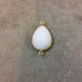 Gold Plated Faceted White Hydro (Lab Created) Chalcedony Pear/Teardrop Shaped Bezel Connector - Measuring 18mm x 24mm - Sold Individually