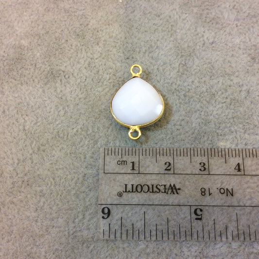 Gold Plated Faceted White Hydro (Lab Created) Chalcedony Heart/Teardrop Shaped Bezel Connector - Measuring 15mm x 15mm - Sold Individually