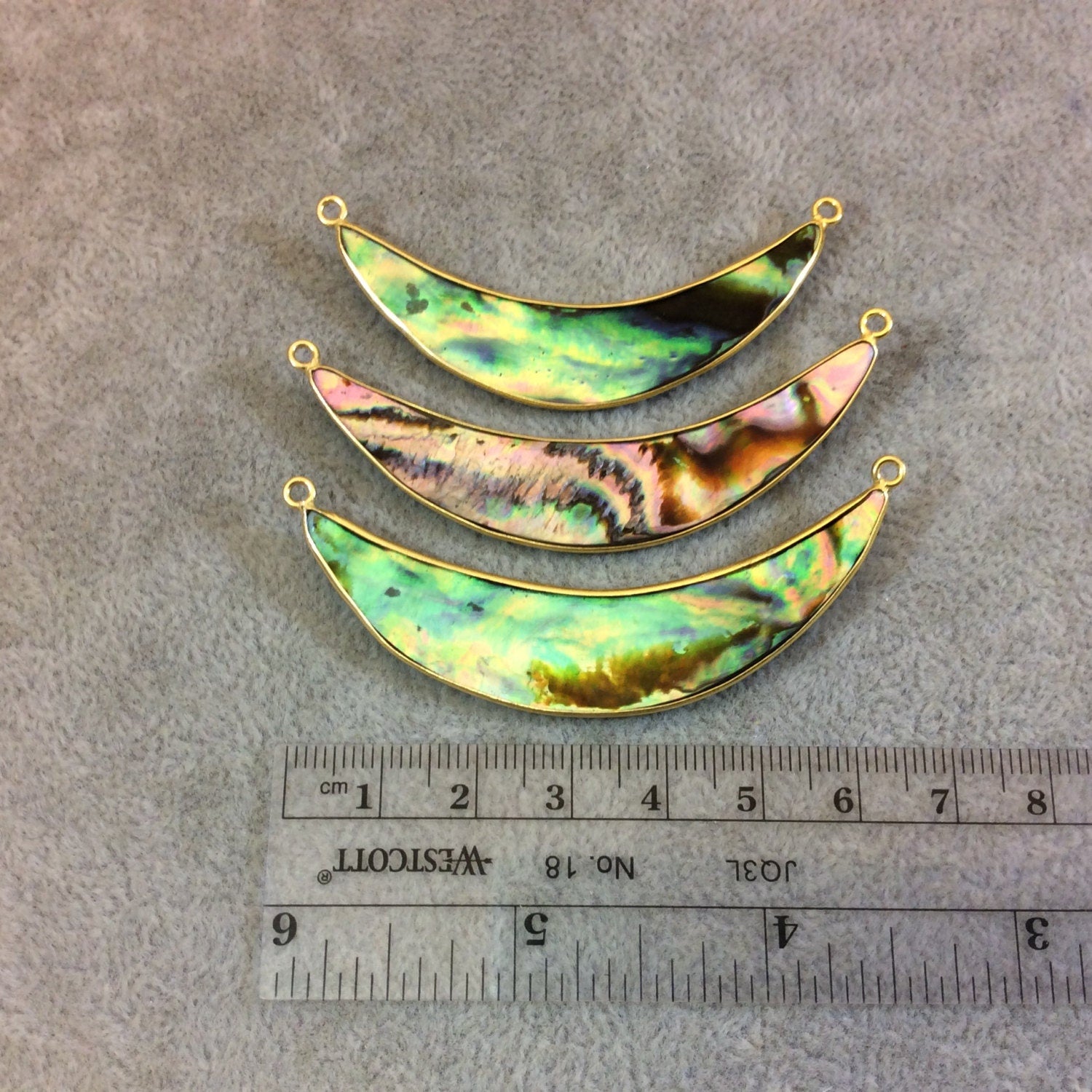 Gold Electroplated Rainbow Abalone Shell Crescent Shaped Focal Pendant - Measuring 14mm x 60mm Approximately - Sold Individually, Random